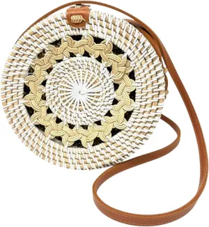 Utama Balinese Round Rattan Bag for Women - Handmade Straw Bags - Wicker Purse - White Brown Circle Crossbody Boho Bags