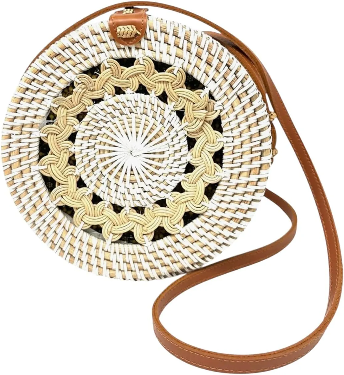 Utama Balinese Round Rattan Bag for Women - Handmade Straw Bags - Wicker Purse - White Brown Circle Crossbody Boho Bags