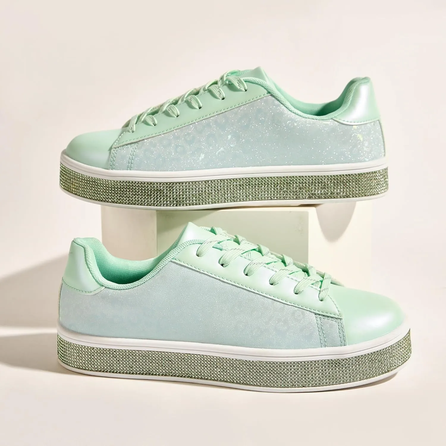 UUBARIS Women's Glitter Tennis Sneakers Neon Dressy Sparkly Sneakers Rhinestone Bling Wedding Bridal Shoes Shiny Sequin Shoes