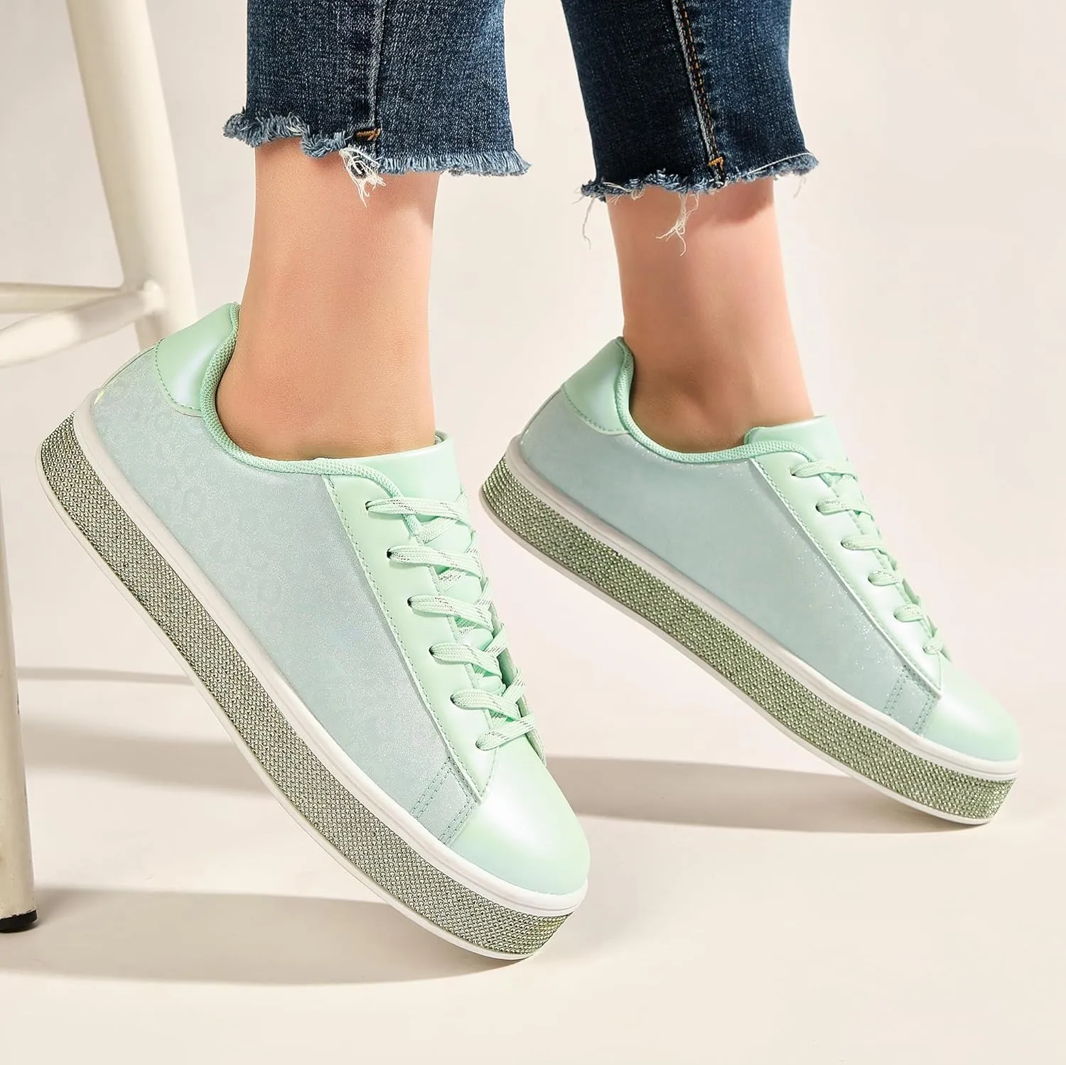 UUBARIS Women's Glitter Tennis Sneakers Neon Dressy Sparkly Sneakers Rhinestone Bling Wedding Bridal Shoes Shiny Sequin Shoes