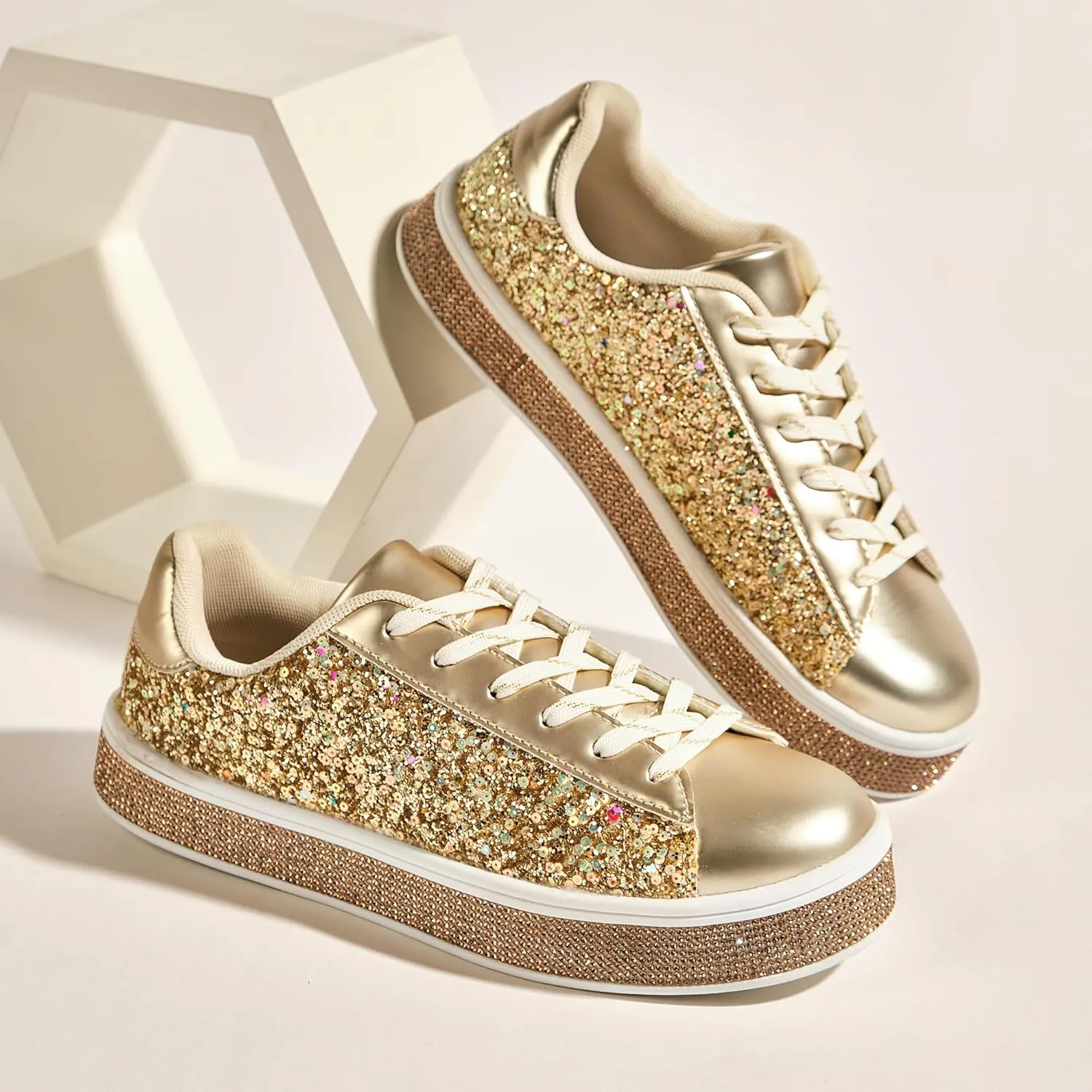 UUBARIS Women's Glitter Tennis Sneakers Neon Dressy Sparkly Sneakers Rhinestone Bling Wedding Bridal Shoes Shiny Sequin Shoes