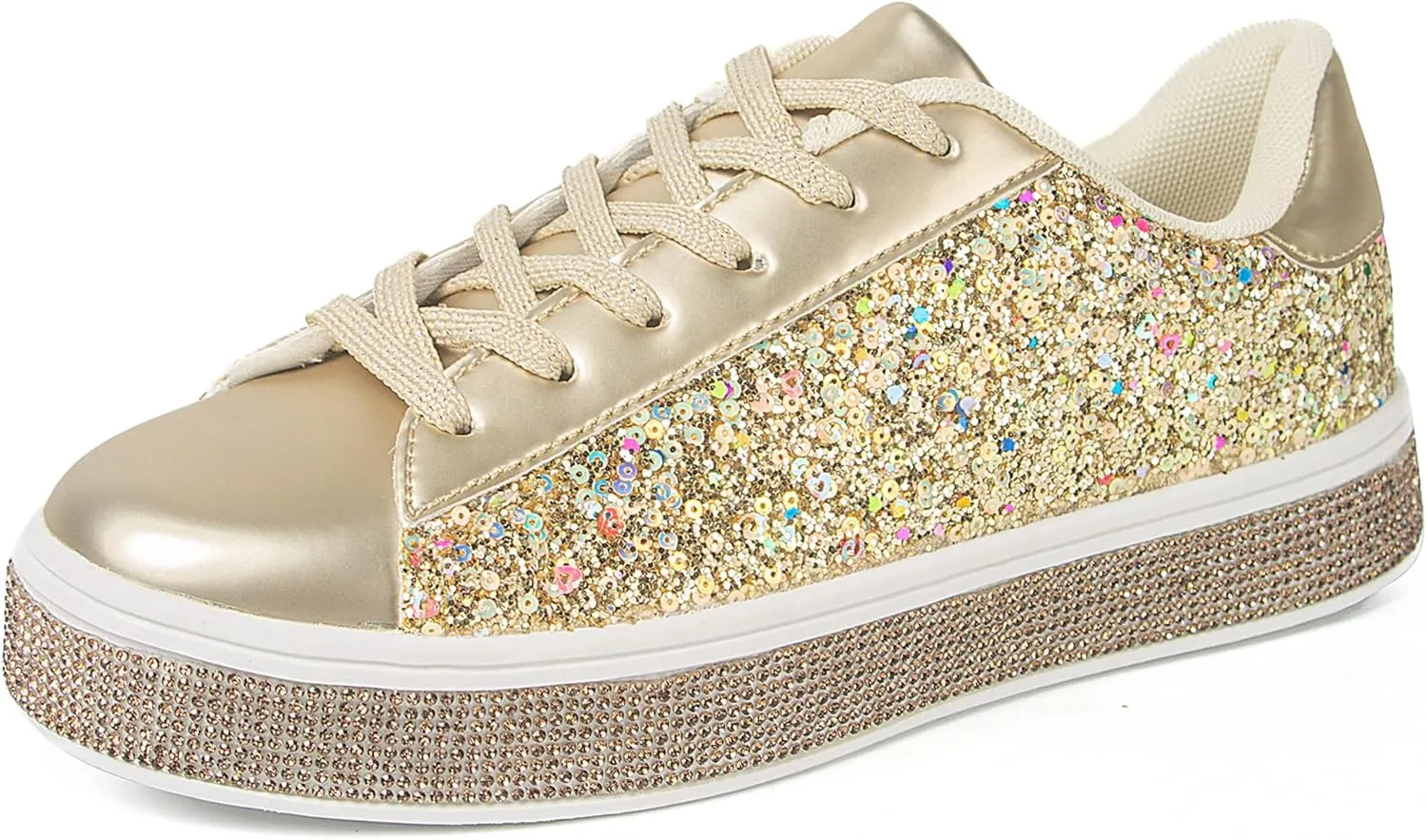UUBARIS Women's Glitter Tennis Sneakers Neon Dressy Sparkly Sneakers Rhinestone Bling Wedding Bridal Shoes Shiny Sequin Shoes