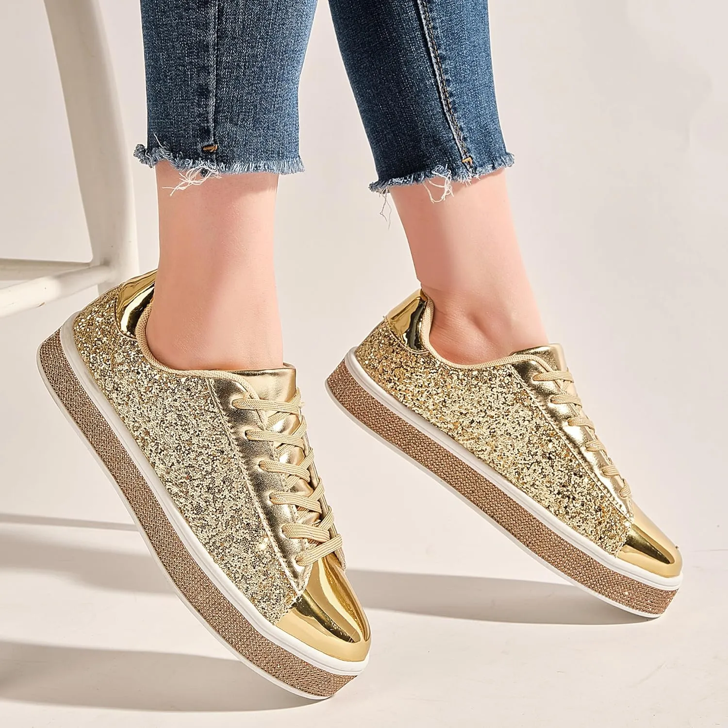 UUBARIS Women's Glitter Tennis Sneakers Neon Dressy Sparkly Sneakers Rhinestone Bling Wedding Bridal Shoes Shiny Sequin Shoes