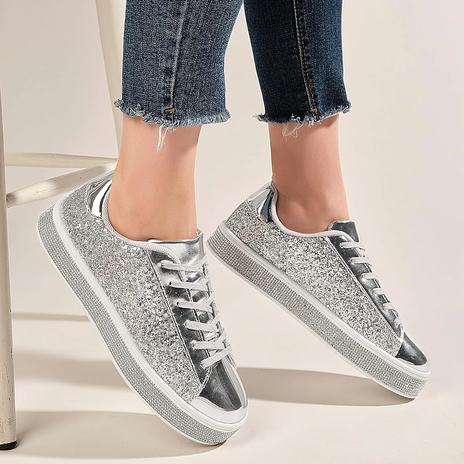 UUBARIS Women's Glitter Tennis Sneakers Neon Dressy Sparkly Sneakers Rhinestone Bling Wedding Bridal Shoes Shiny Sequin Shoes