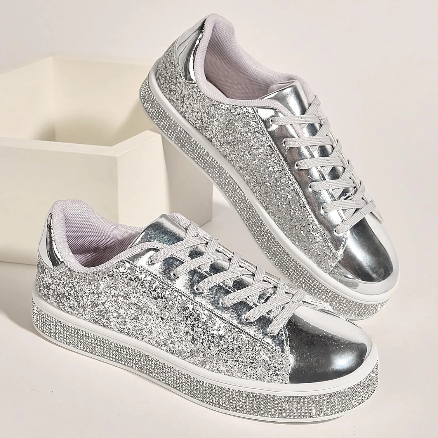 UUBARIS Women's Glitter Tennis Sneakers Neon Dressy Sparkly Sneakers Rhinestone Bling Wedding Bridal Shoes Shiny Sequin Shoes
