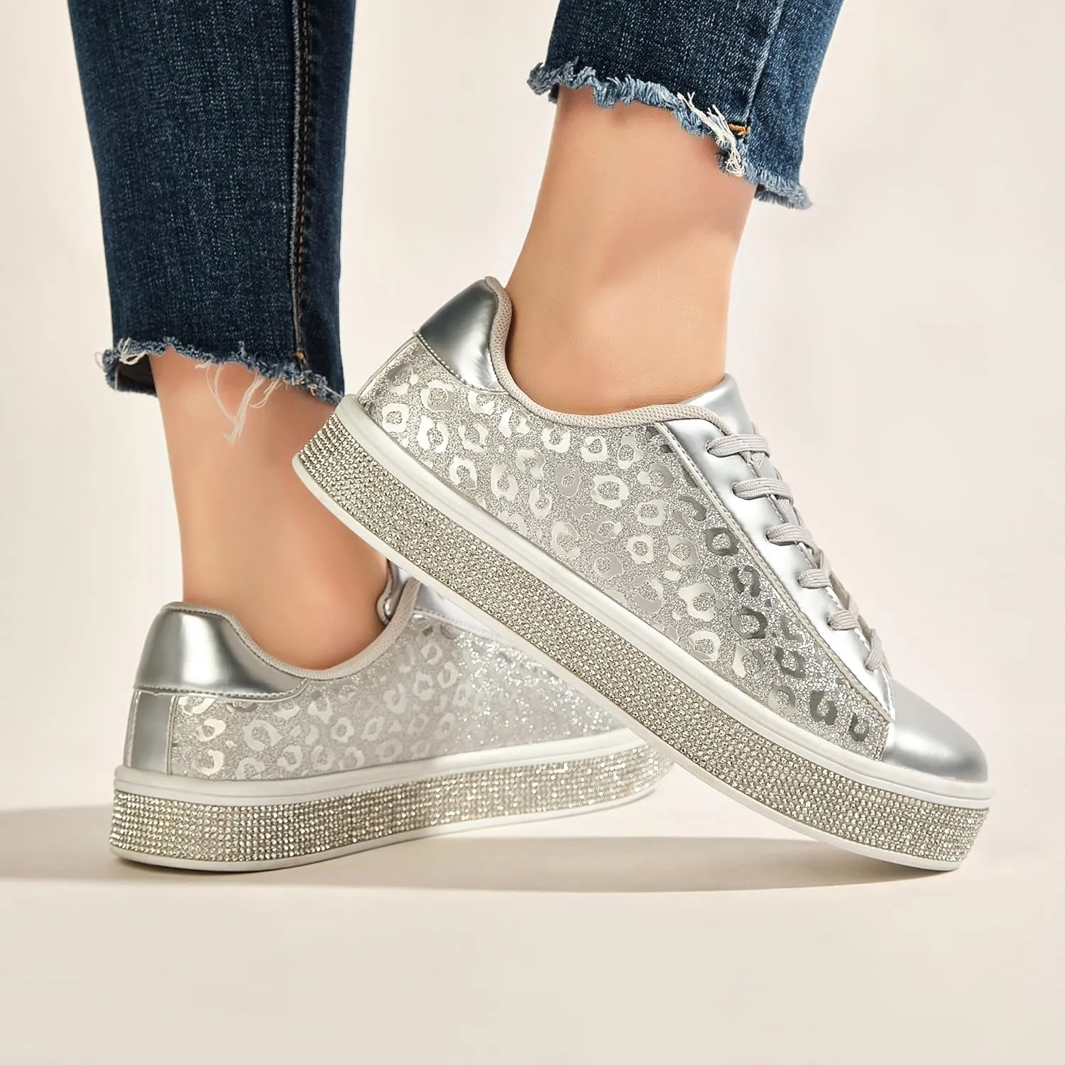 UUBARIS Women's Glitter Tennis Sneakers Neon Dressy Sparkly Sneakers Rhinestone Bling Wedding Bridal Shoes Shiny Sequin Shoes