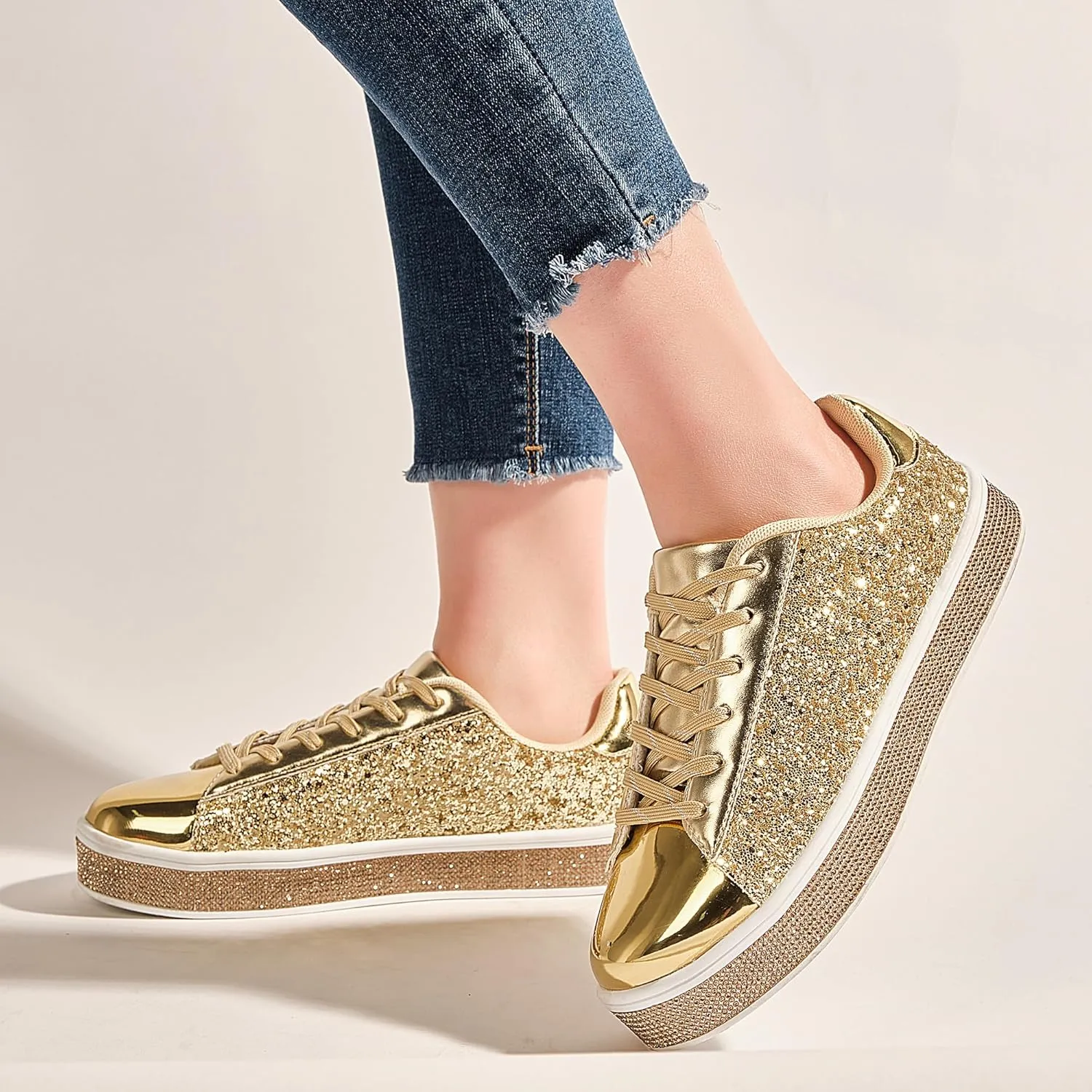 UUBARIS Women's Glitter Tennis Sneakers Neon Dressy Sparkly Sneakers Rhinestone Bling Wedding Bridal Shoes Shiny Sequin Shoes