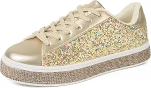 UUBARIS Women's Glitter Tennis Sneakers Neon Dressy Sparkly Sneakers Rhinestone Bling Wedding Bridal Shoes Shiny Sequin Shoes