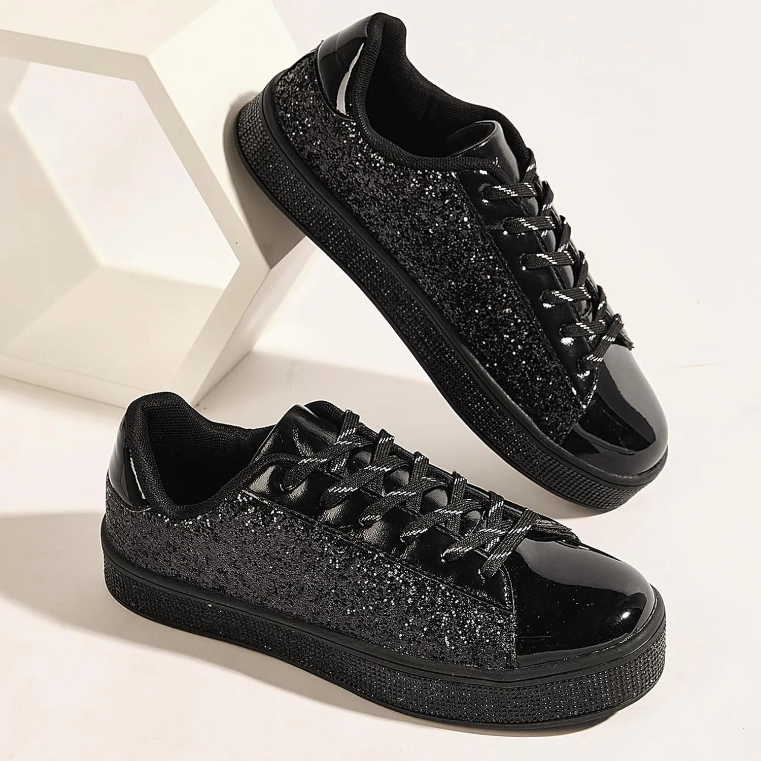 UUBARIS Women's Glitter Tennis Sneakers Neon Dressy Sparkly Sneakers Rhinestone Bling Wedding Bridal Shoes Shiny Sequin Shoes