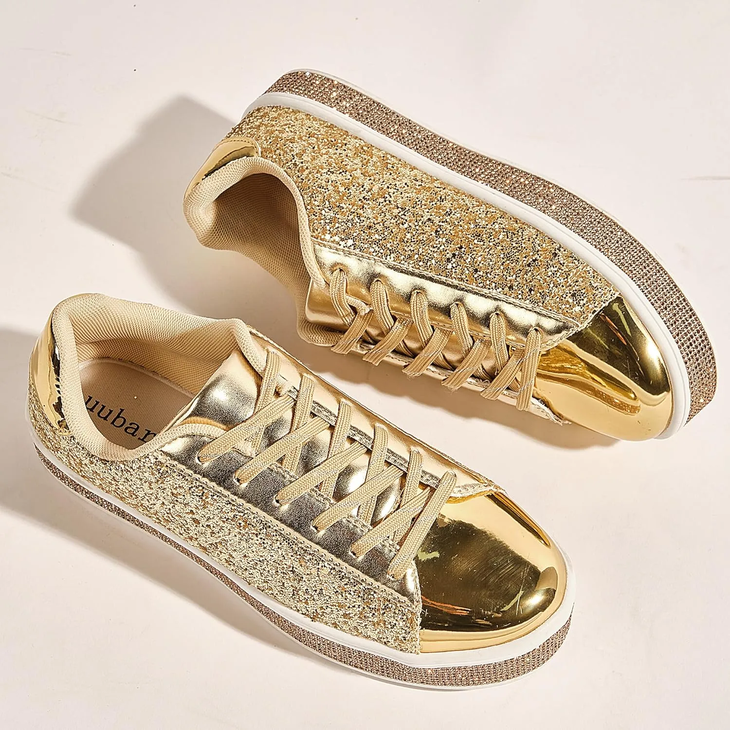 UUBARIS Women's Glitter Tennis Sneakers Neon Dressy Sparkly Sneakers Rhinestone Bling Wedding Bridal Shoes Shiny Sequin Shoes