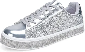 UUBARIS Women's Glitter Tennis Sneakers Neon Dressy Sparkly Sneakers Rhinestone Bling Wedding Bridal Shoes Shiny Sequin Shoes