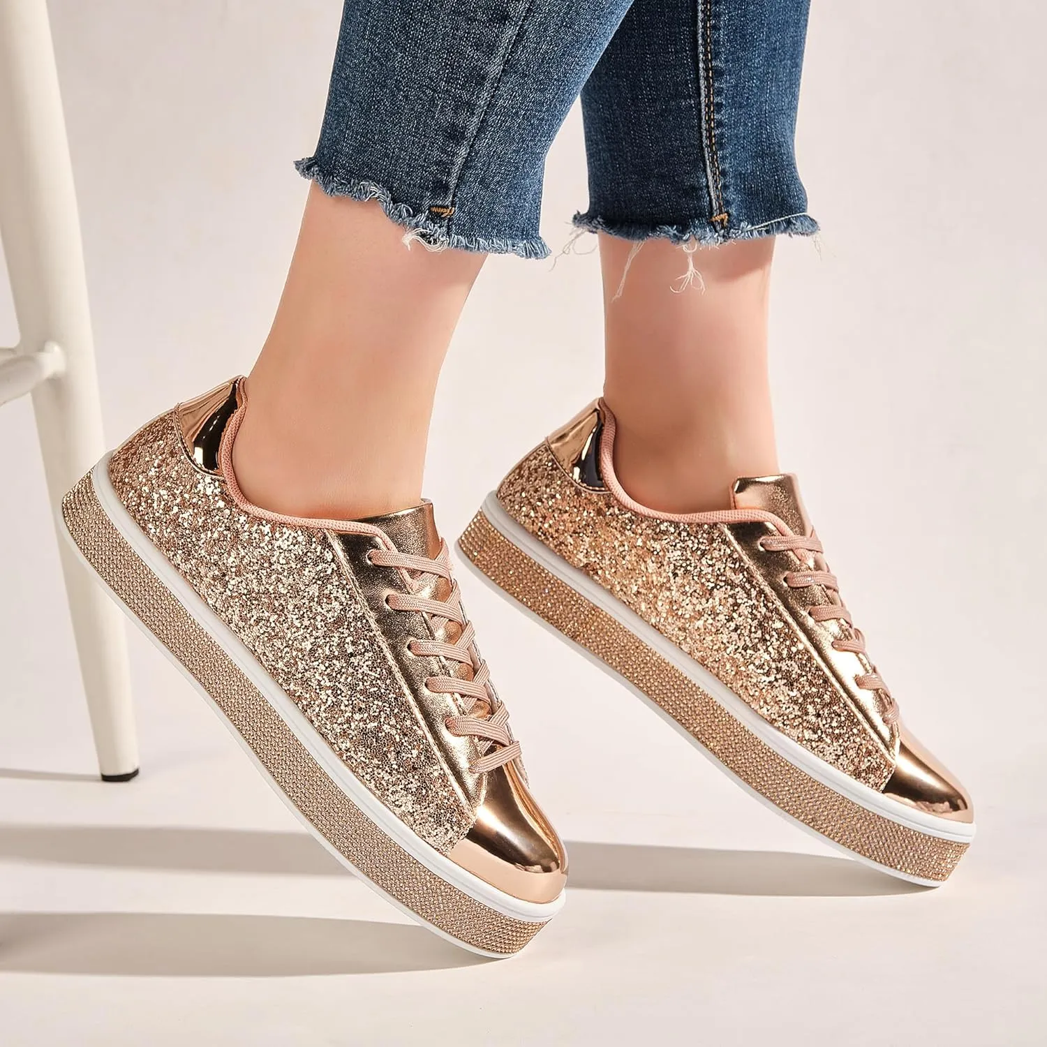 UUBARIS Women's Glitter Tennis Sneakers Neon Dressy Sparkly Sneakers Rhinestone Bling Wedding Bridal Shoes Shiny Sequin Shoes