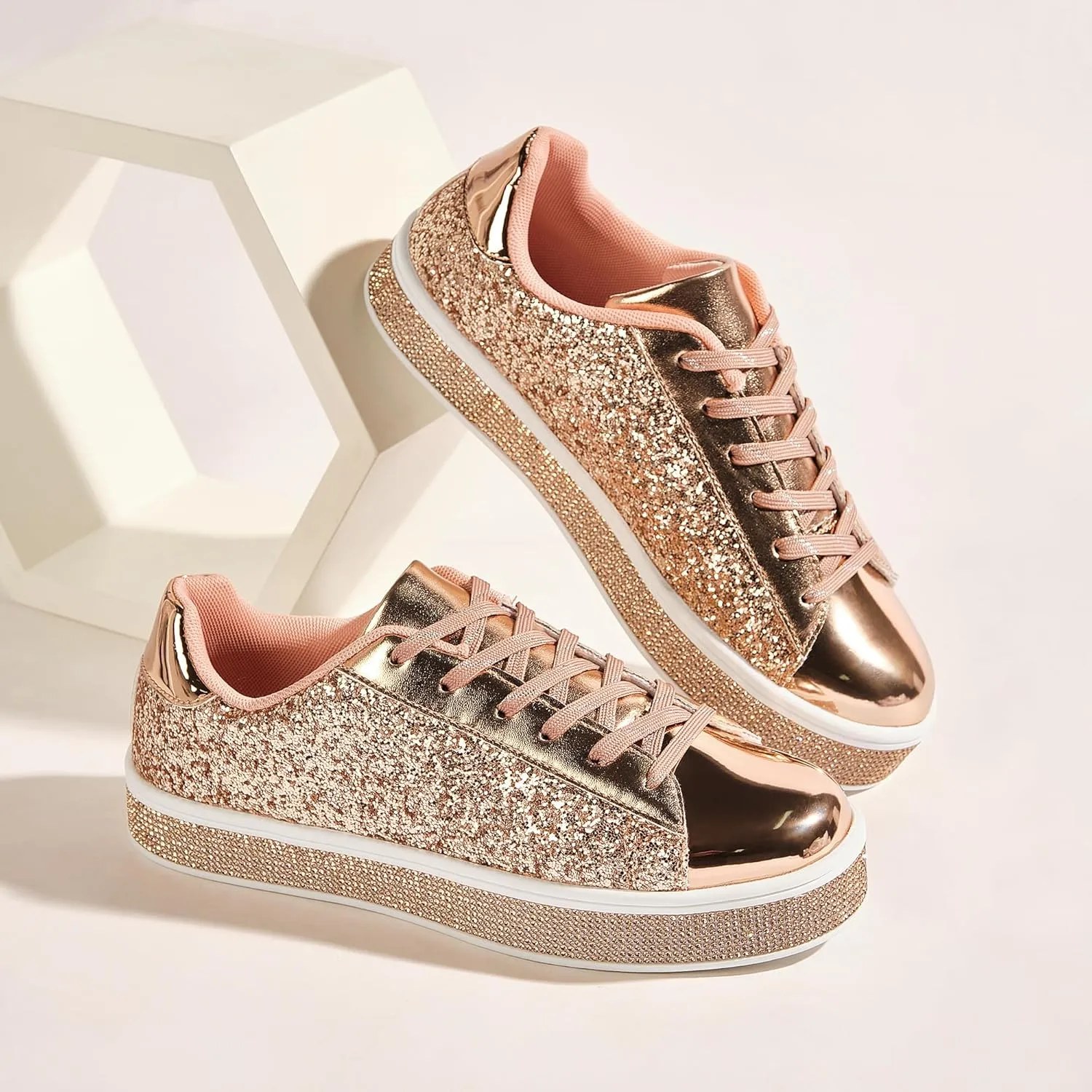 UUBARIS Women's Glitter Tennis Sneakers Neon Dressy Sparkly Sneakers Rhinestone Bling Wedding Bridal Shoes Shiny Sequin Shoes