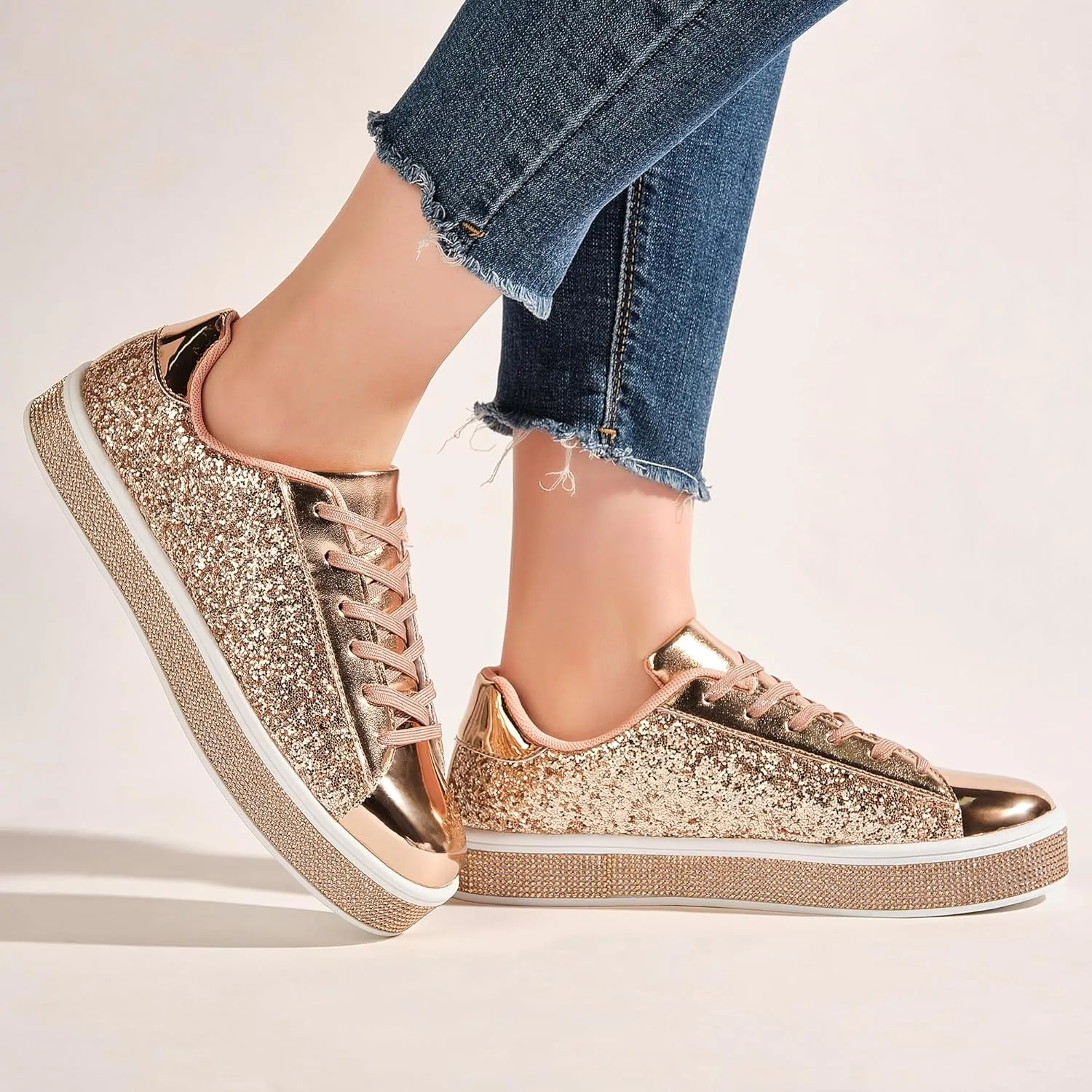 UUBARIS Women's Glitter Tennis Sneakers Neon Dressy Sparkly Sneakers Rhinestone Bling Wedding Bridal Shoes Shiny Sequin Shoes