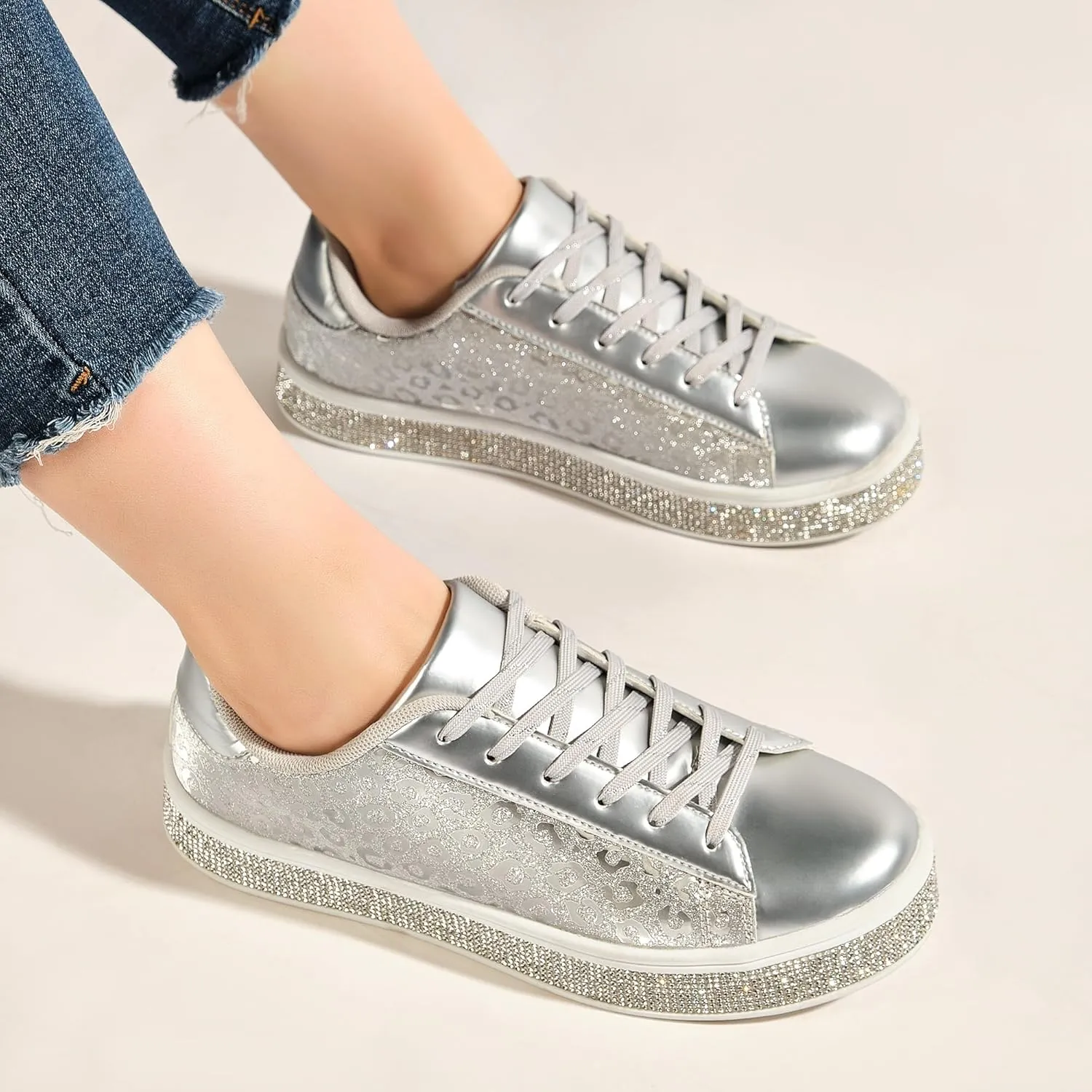 UUBARIS Women's Glitter Tennis Sneakers Neon Dressy Sparkly Sneakers Rhinestone Bling Wedding Bridal Shoes Shiny Sequin Shoes