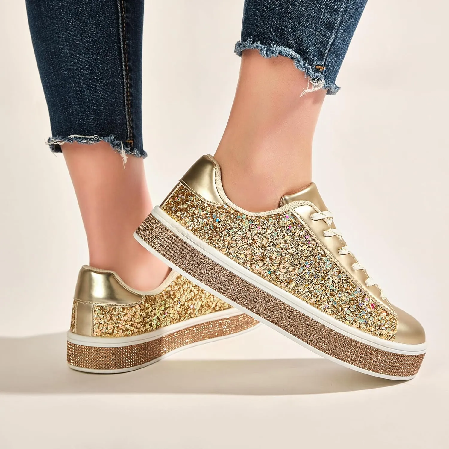 UUBARIS Women's Glitter Tennis Sneakers Neon Dressy Sparkly Sneakers Rhinestone Bling Wedding Bridal Shoes Shiny Sequin Shoes