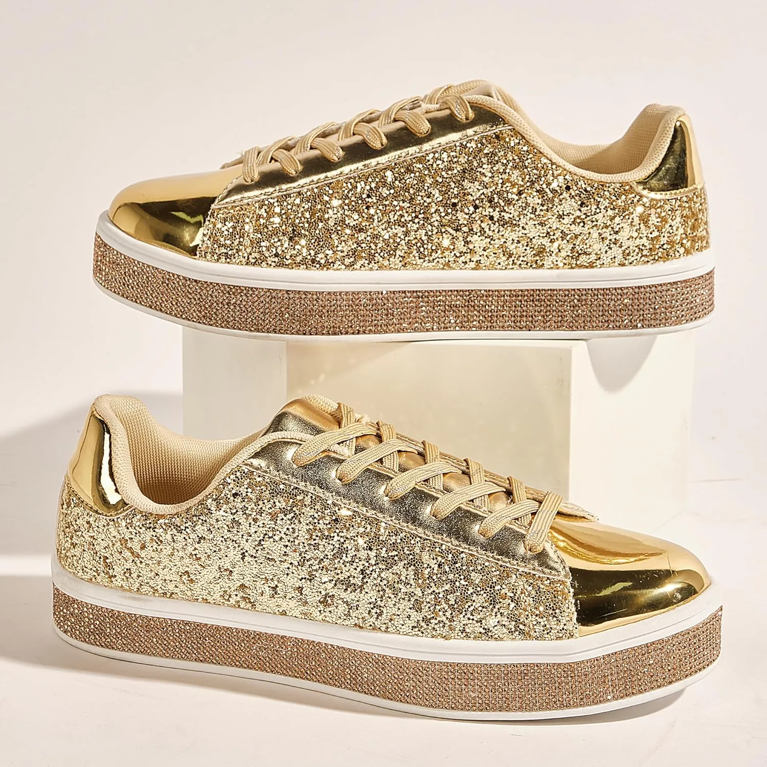 UUBARIS Women's Glitter Tennis Sneakers Neon Dressy Sparkly Sneakers Rhinestone Bling Wedding Bridal Shoes Shiny Sequin Shoes