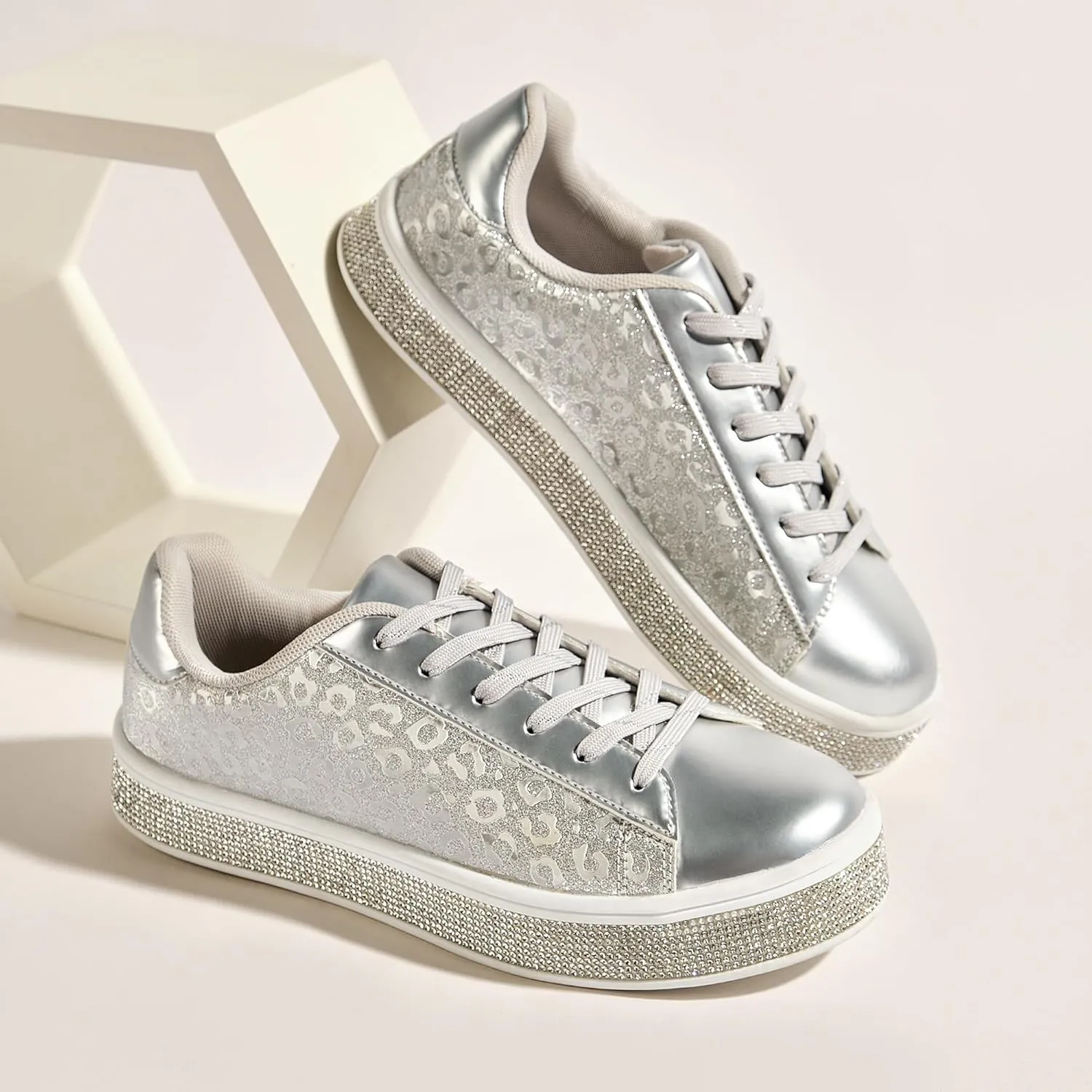 UUBARIS Women's Glitter Tennis Sneakers Neon Dressy Sparkly Sneakers Rhinestone Bling Wedding Bridal Shoes Shiny Sequin Shoes