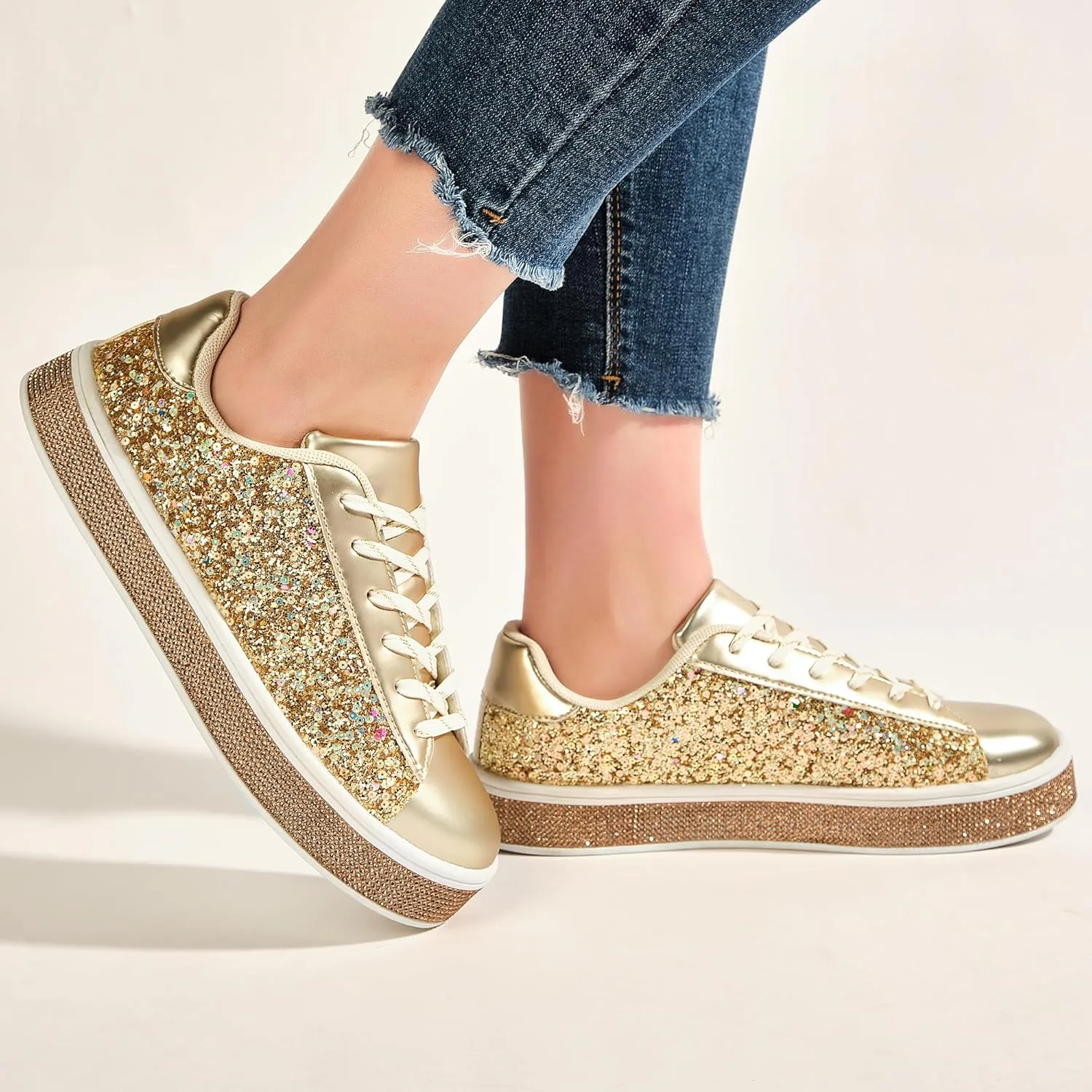 UUBARIS Women's Glitter Tennis Sneakers Neon Dressy Sparkly Sneakers Rhinestone Bling Wedding Bridal Shoes Shiny Sequin Shoes