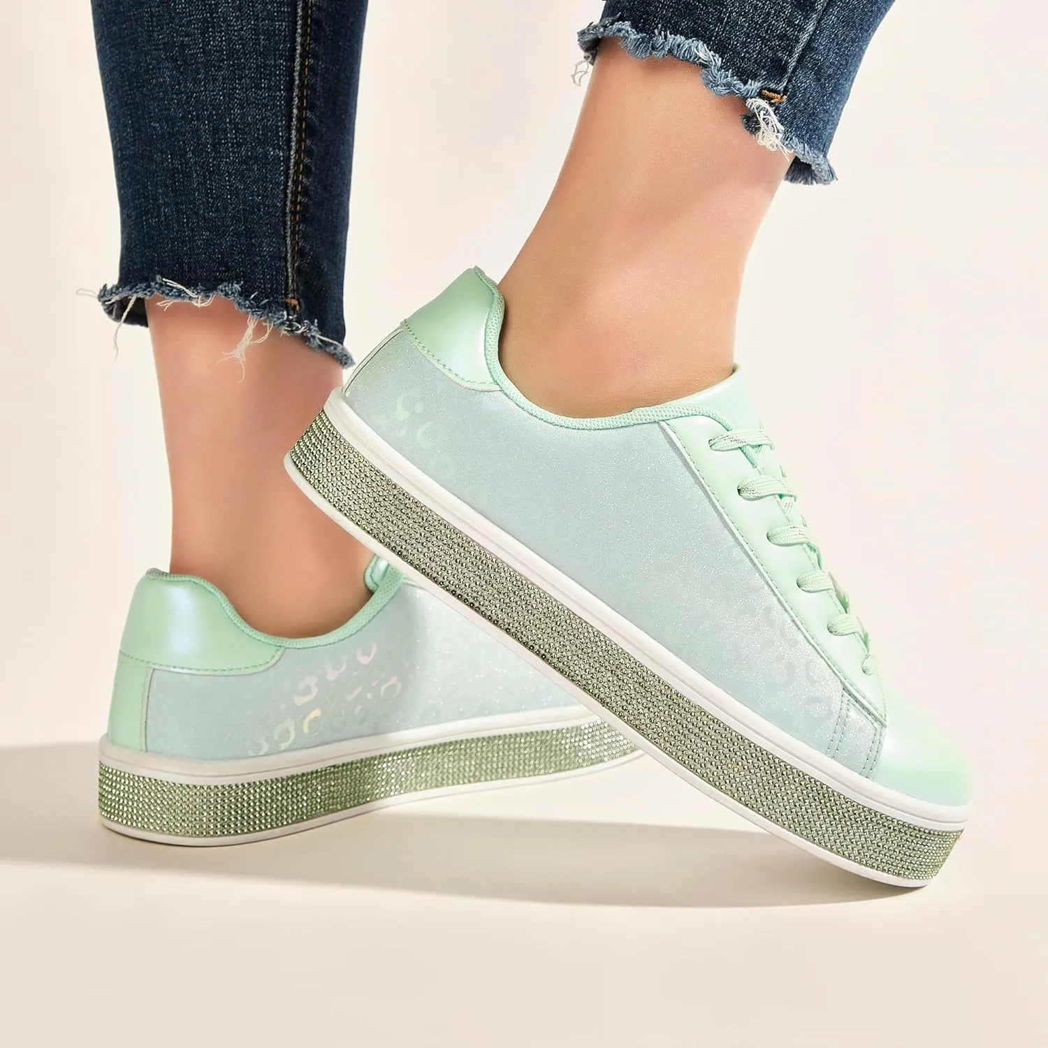 UUBARIS Women's Glitter Tennis Sneakers Neon Dressy Sparkly Sneakers Rhinestone Bling Wedding Bridal Shoes Shiny Sequin Shoes