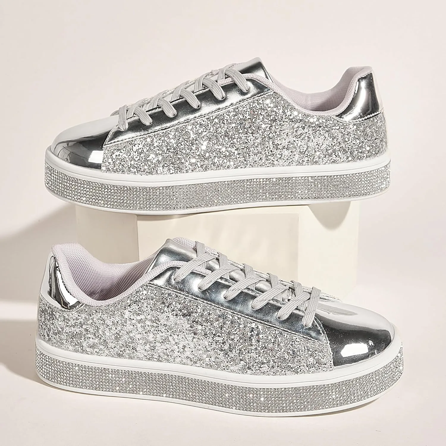 UUBARIS Women's Glitter Tennis Sneakers Neon Dressy Sparkly Sneakers Rhinestone Bling Wedding Bridal Shoes Shiny Sequin Shoes