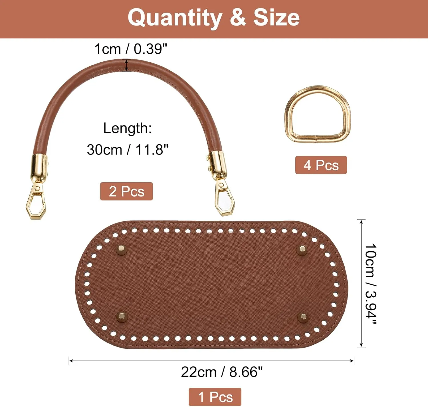 uxcell Crochet Bag Making Kit, 8.7 x 4 Inch Oval PU Leather Bag Bottom with 2Pcs 11.8" Bag Handles and 4Pcs Buckles for DIY Crochet Bag Shoulder Bag Purse Making, Brown