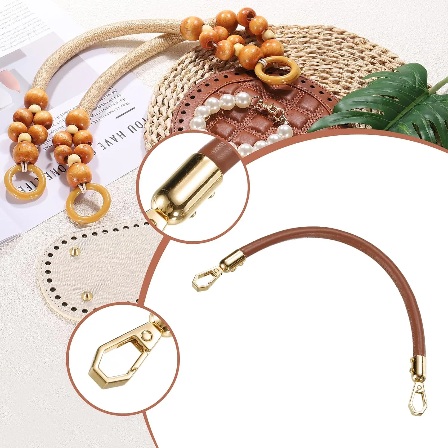 uxcell Crochet Bag Making Kit, 8.7 x 4 Inch Oval PU Leather Bag Bottom with 2Pcs 11.8" Bag Handles and 4Pcs Buckles for DIY Crochet Bag Shoulder Bag Purse Making, Brown
