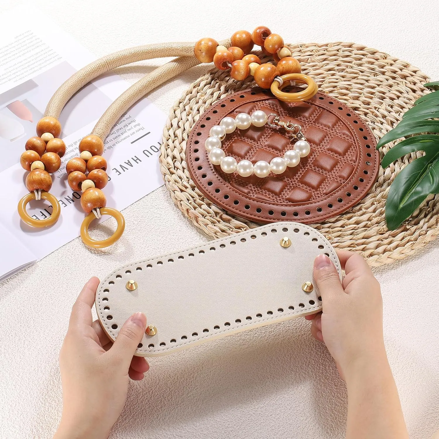 uxcell Crochet Bag Making Kit, 8.7 x 4 Inch Oval PU Leather Bag Bottom with 2Pcs 11.8" Bag Handles and 4Pcs Buckles for DIY Crochet Bag Shoulder Bag Purse Making, Brown