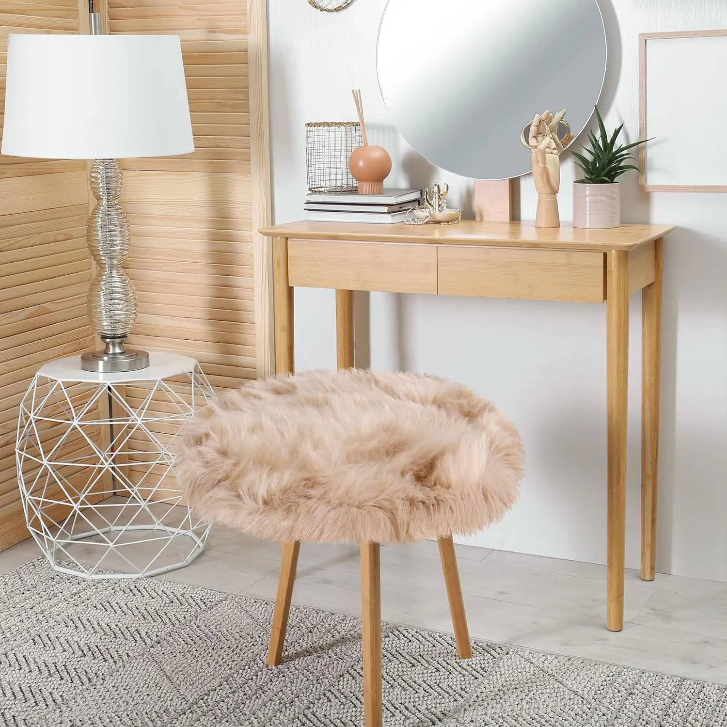 uxcell Faux Fur Round Rug,Fluffy Area Mat,Fluff Rugs for Bedroom Floor Sofa Living Room 2 x 2 Feet Khaki