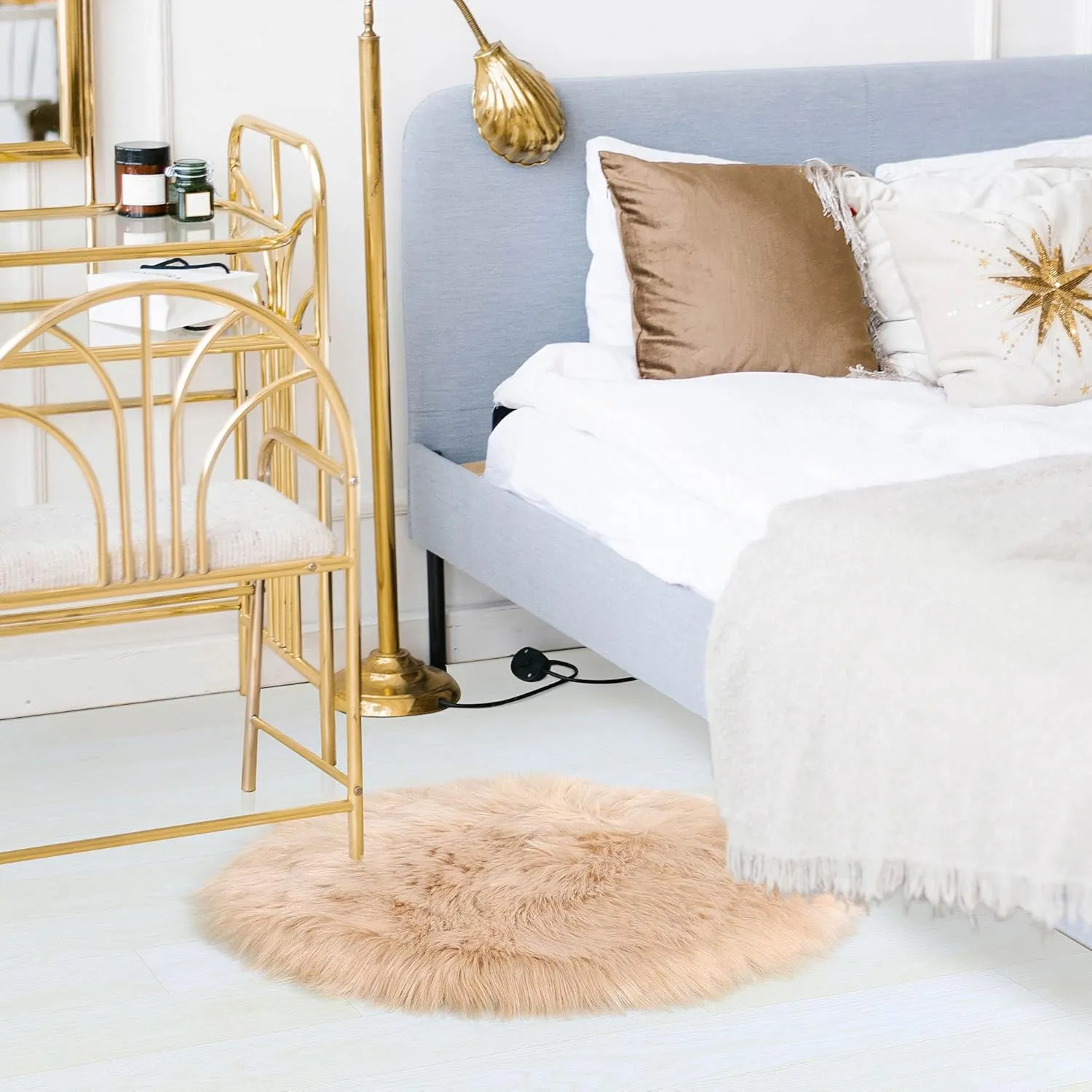 uxcell Faux Fur Round Rug,Fluffy Area Mat,Fluff Rugs for Bedroom Floor Sofa Living Room 2 x 2 Feet Khaki