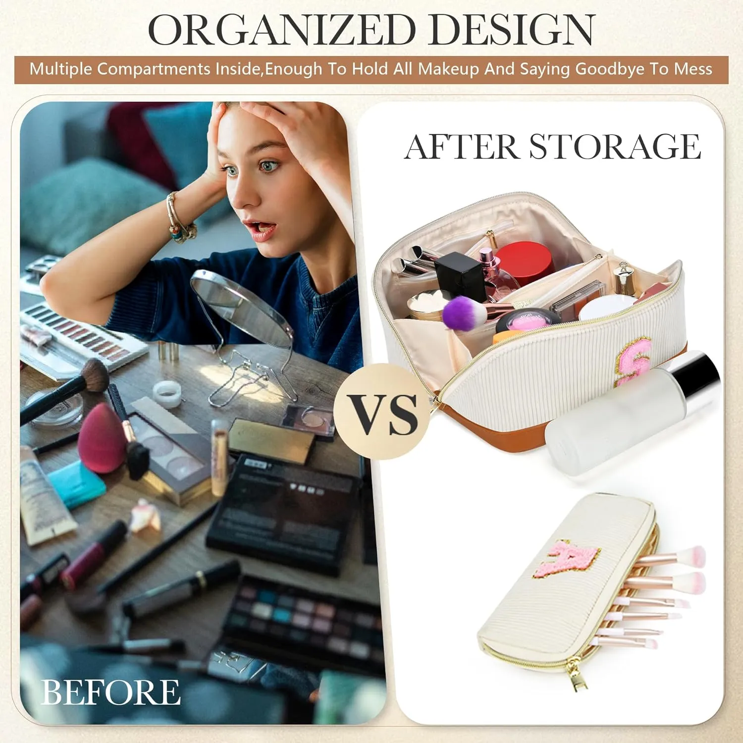 Valentine's Day Gifts for Women Girls,2Pack Large Personalized Initial Preppy Makeup Bag,Leather Waterproof Cosmetic Bag, Monogram Travel Make up bag Perfect forTeen Girls Mother's Day Birthday Gifts