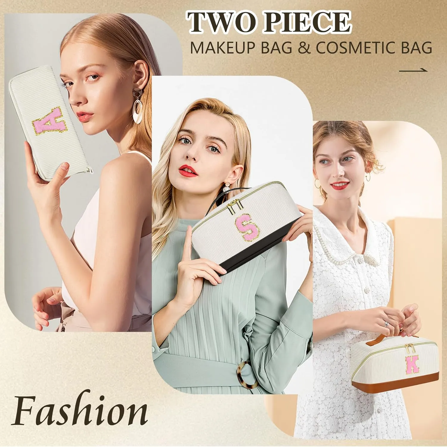 Valentine's Day Gifts for Women Girls,2Pack Large Personalized Initial Preppy Makeup Bag,Leather Waterproof Cosmetic Bag, Monogram Travel Make up bag Perfect forTeen Girls Mother's Day Birthday Gifts