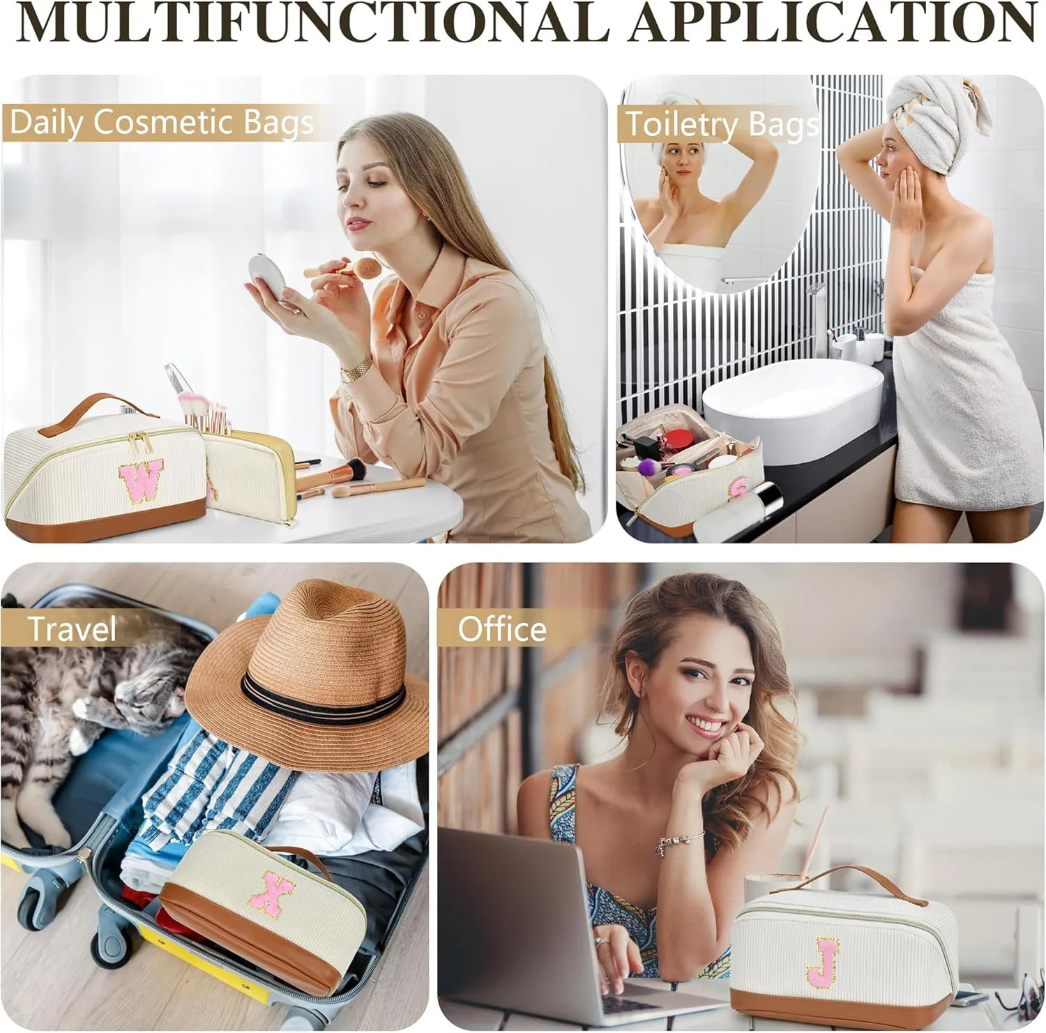 Valentine's Day Gifts for Women Girls,2Pack Large Personalized Initial Preppy Makeup Bag,Leather Waterproof Cosmetic Bag, Monogram Travel Make up bag Perfect forTeen Girls Mother's Day Birthday Gifts
