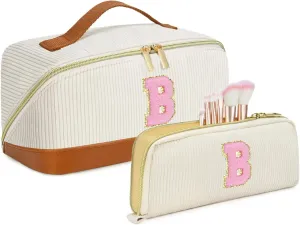 Valentine's Day Gifts for Women Girls,2Pack Large Personalized Initial Preppy Makeup Bag,Leather Waterproof Cosmetic Bag, Monogram Travel Make up bag Perfect forTeen Girls Mother's Day Birthday Gifts
