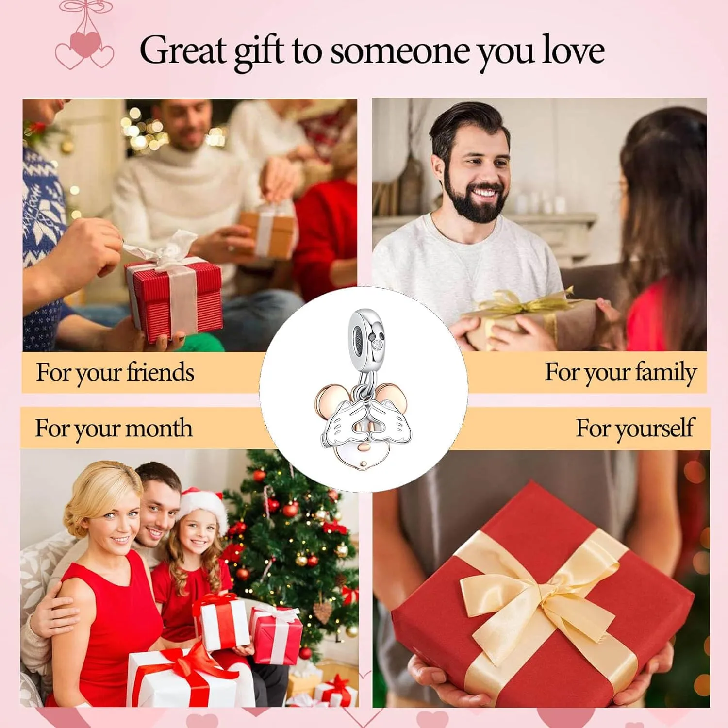 VALGACLS 925 Sterling Silver Family Love Mom Mouse Heart Charms for Bracelets Necklace Valentine's Day Mother's Day Jewelry Charm for Women