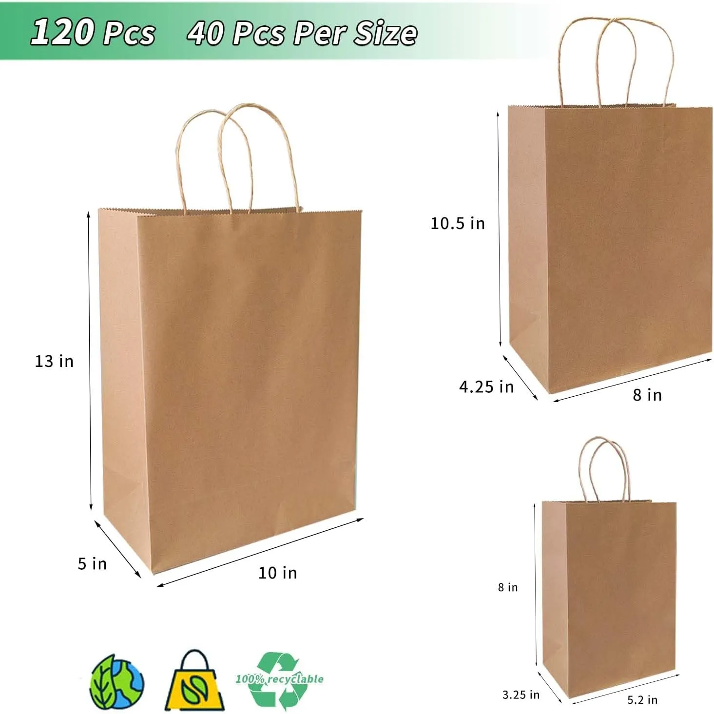 vanhel 120 pack Kraft Paper bags with Handles,Assorted Sizes Gift Bags Bulk Kraft Paper Bags, Weeding,Birthday, Favor,Party,Retail Merchandise Bags…, Brown