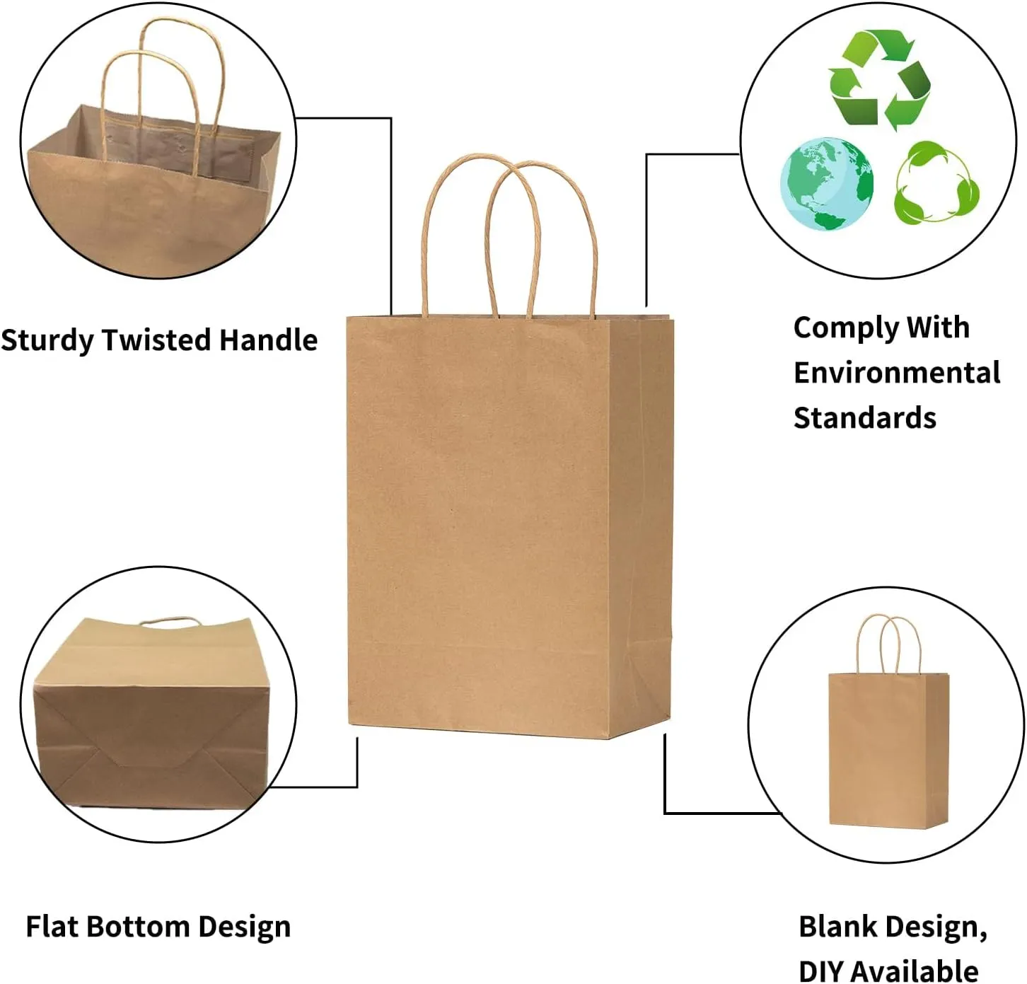 VANHEL 50 PCS Bags Recycled Kraft Paper Bags :8 x 4.75 x 10 Inches, Brown Gift Bag with Handles, Merchandise Bag, Shopping Bag, Handle Holidays,Birthdays and Shopping Centers