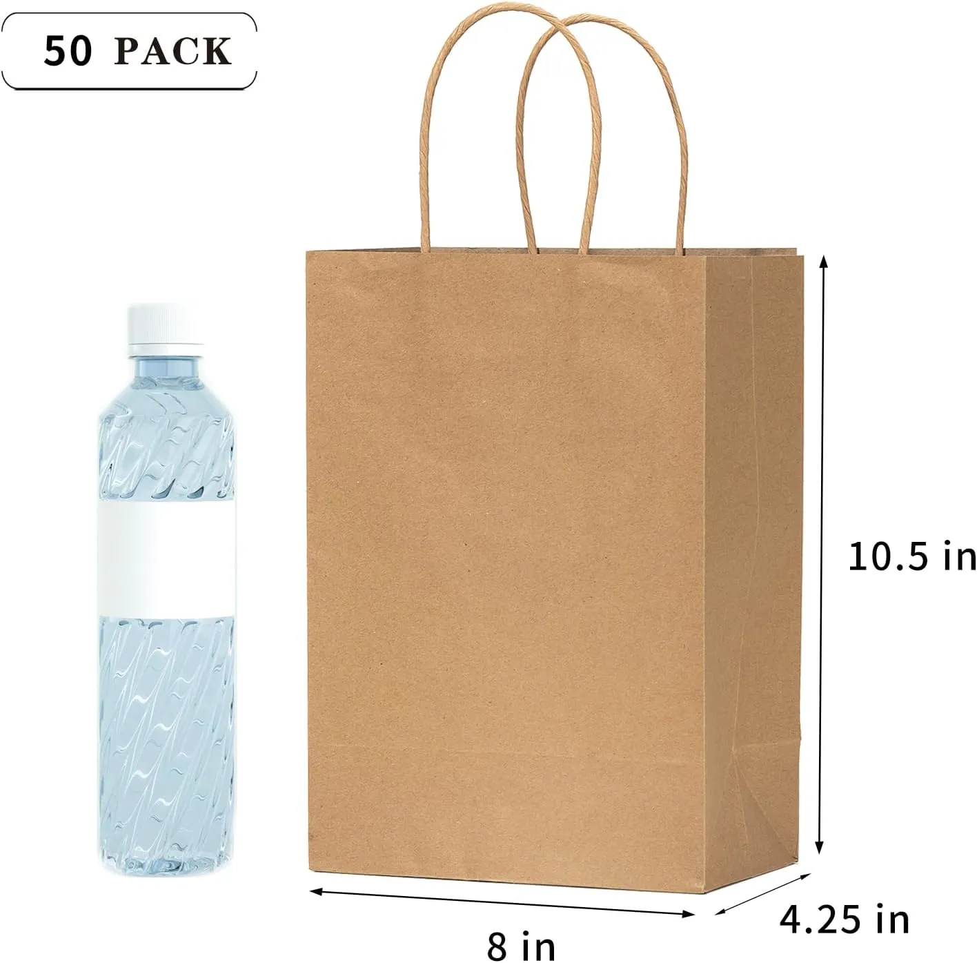 VANHEL 50 PCS Bags Recycled Kraft Paper Bags :8 x 4.75 x 10 Inches, Brown Gift Bag with Handles, Merchandise Bag, Shopping Bag, Handle Holidays,Birthdays and Shopping Centers