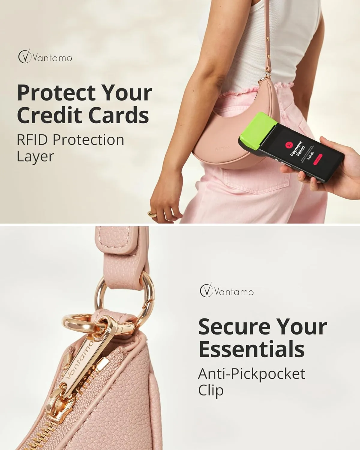 Vantamo Crescent Bags For Women with RFID Protection, Half Moon Clutch Purses for Women with Anti-Theft Clip for Extra Safety