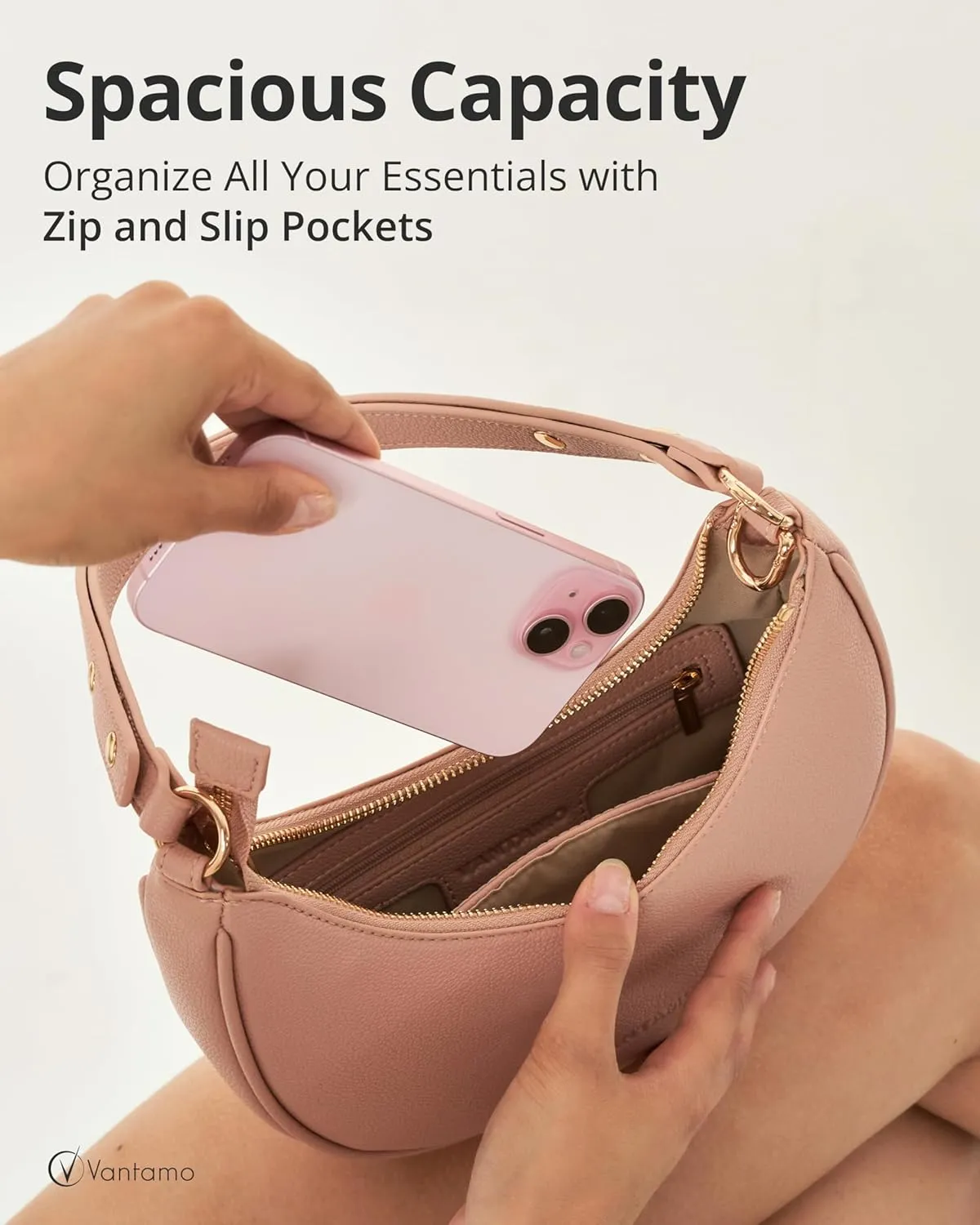 Vantamo Crescent Bags For Women with RFID Protection, Half Moon Clutch Purses for Women with Anti-Theft Clip for Extra Safety