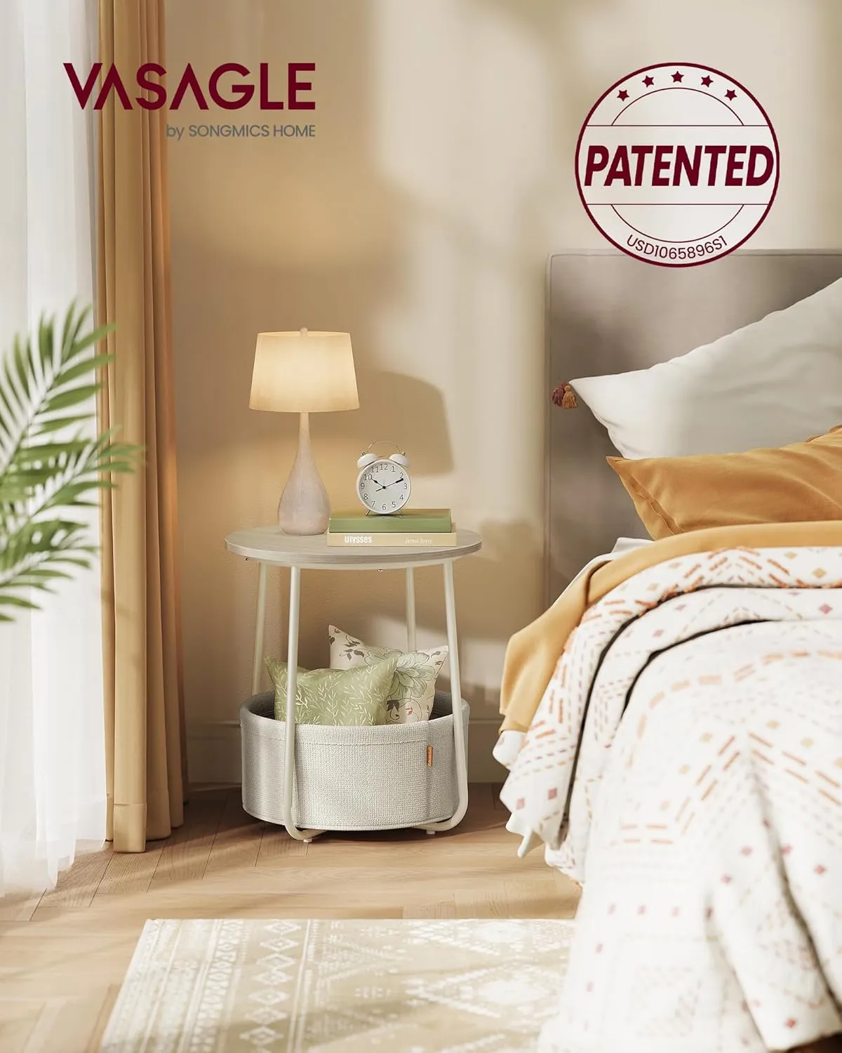 VASAGLE End Table, Small Bedside Table with Fabric Basket, Modern Nightstand, Round Side Table, for Living Room, Bedroom, Cream White ULET223K67