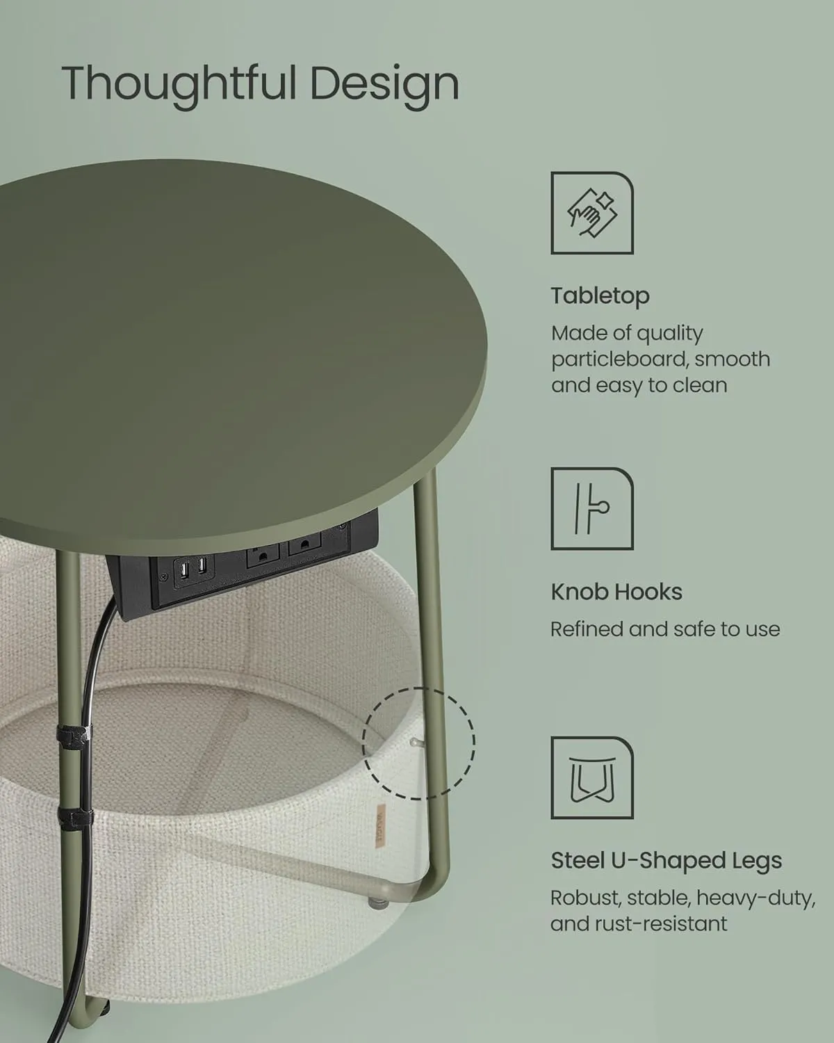 VASAGLE Side Table with Charging Station, Round End Table With Fabric Basket, Nightstand with Power Outlets USB Ports, for Living Room, Bedroom, Modern, Forest Green and Cream White ULET228C04
