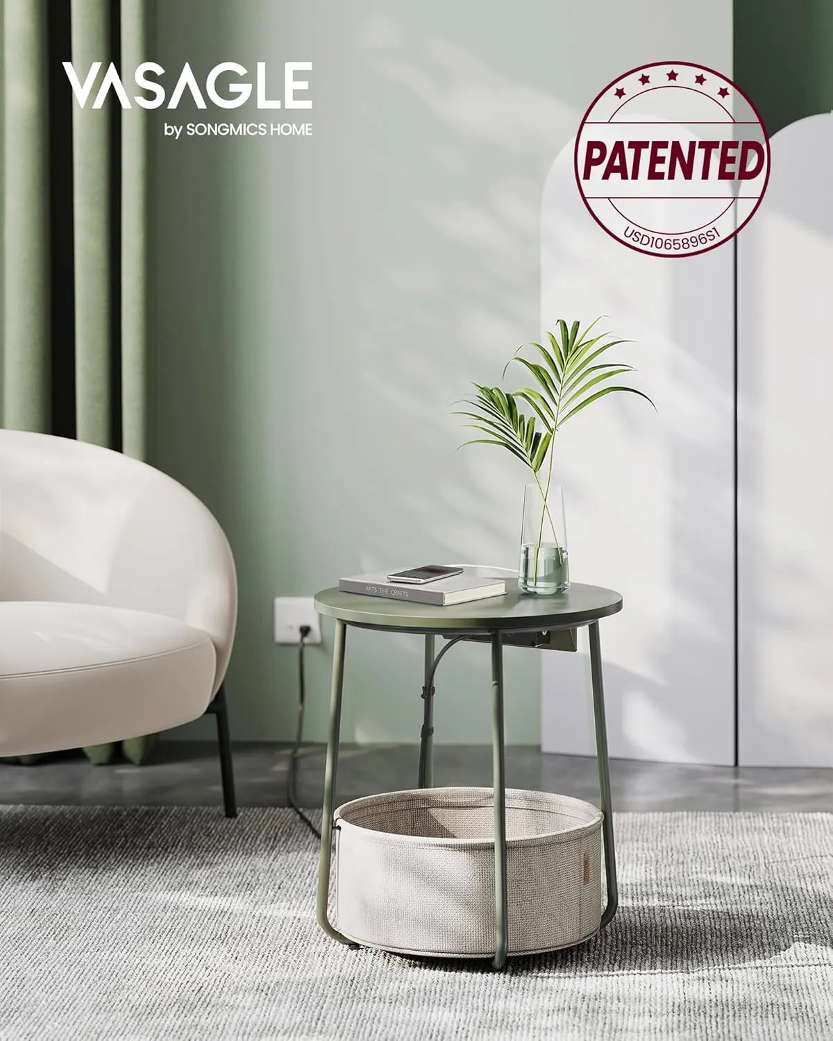 VASAGLE Side Table with Charging Station, Round End Table With Fabric Basket, Nightstand with Power Outlets USB Ports, for Living Room, Bedroom, Modern, Forest Green and Cream White ULET228C04