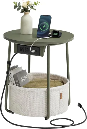 VASAGLE Side Table with Charging Station, Round End Table With Fabric Basket, Nightstand with Power Outlets USB Ports, for Living Room, Bedroom, Modern, Forest Green and Cream White ULET228C04