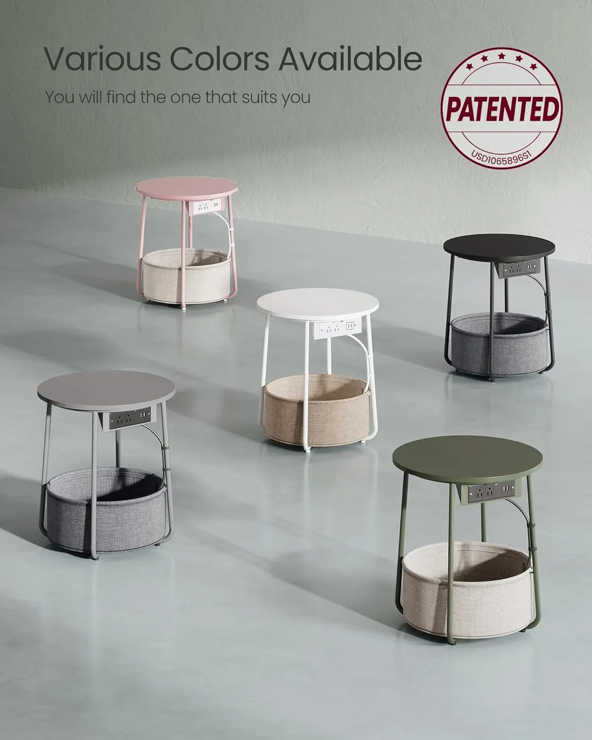 VASAGLE Side Table with Charging Station, Round End Table With Fabric Basket, Nightstand with Power Outlets USB Ports, for Living Room, Bedroom, Modern, Forest Green and Cream White ULET228C04