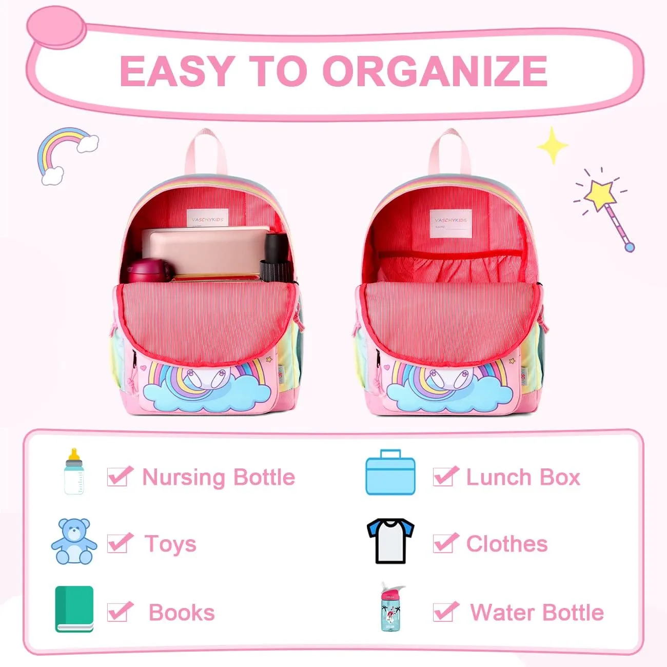 VASCHY Backpack for Little Girls, Cute Rainbow Glitter Lightweight Water Resistant Preschool Backpack Bookbag for Kids,Toddlers Kindergarten School Bag Cat