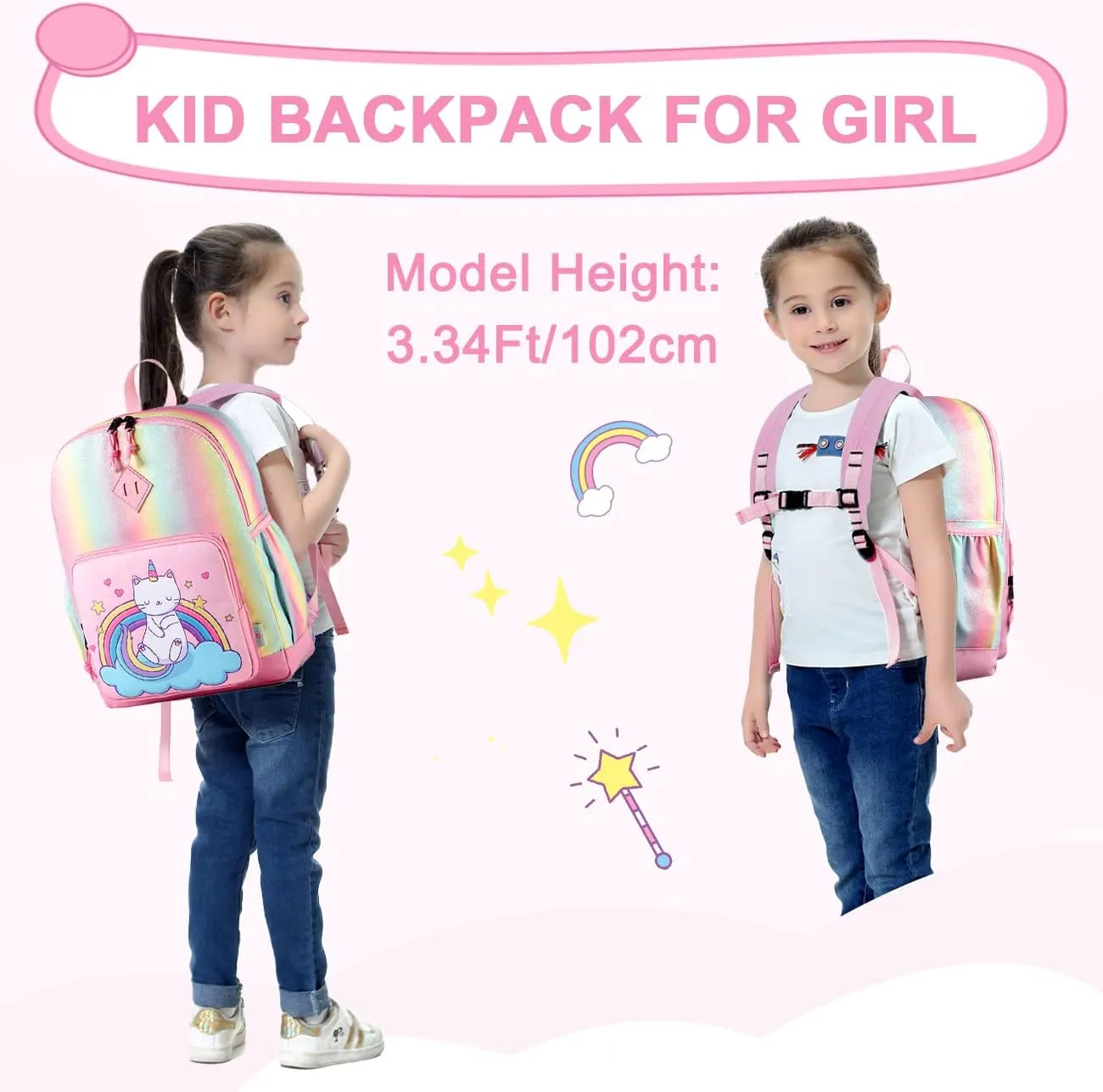VASCHY Backpack for Little Girls, Cute Rainbow Glitter Lightweight Water Resistant Preschool Backpack Bookbag for Kids,Toddlers Kindergarten School Bag Cat