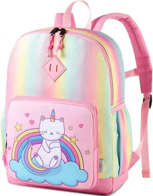 VASCHY Backpack for Little Girls, Cute Rainbow Glitter Lightweight Water Resistant Preschool Backpack Bookbag for Kids,Toddlers Kindergarten School Bag Cat
