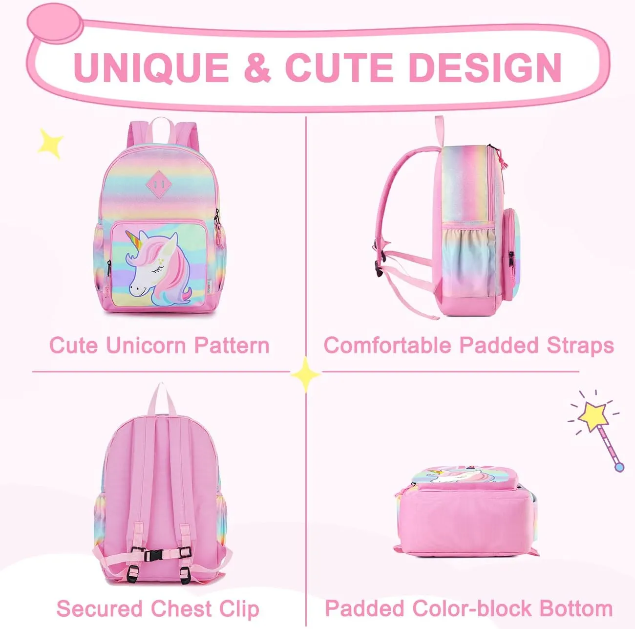 VASCHY Unicorn Backpack for Little Girls, Cute Rainbow Glitter Lightweight Water Resistant Preschool Backpack for Kids,Toddlers Kindergarten School Bag