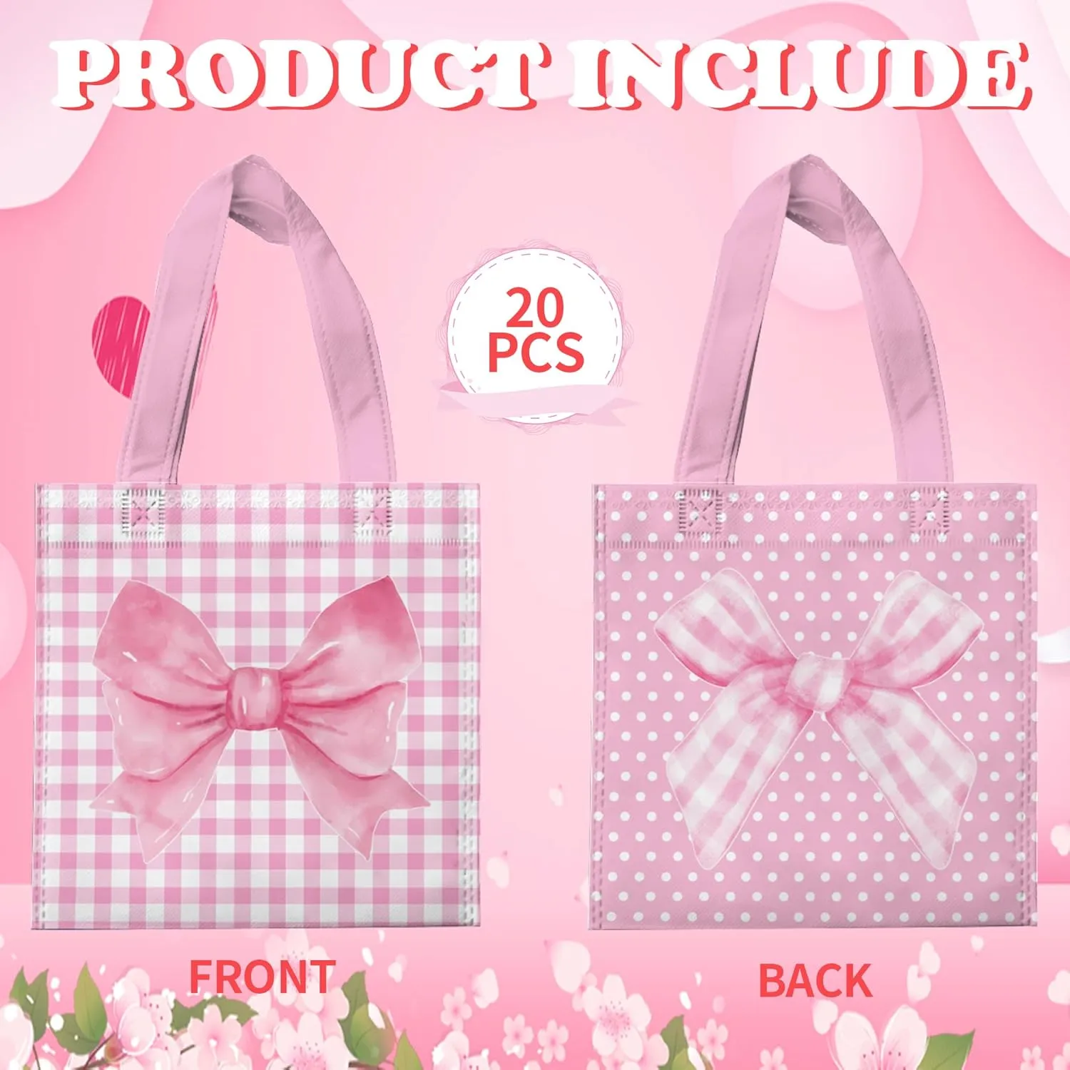 VDESFUEBY 20 Pcs Coquette Pink Bow Favor Bags, Candy Goodie Gift Non-woven Bags, Reusable for Pink Bridal Engagement Party Supplies